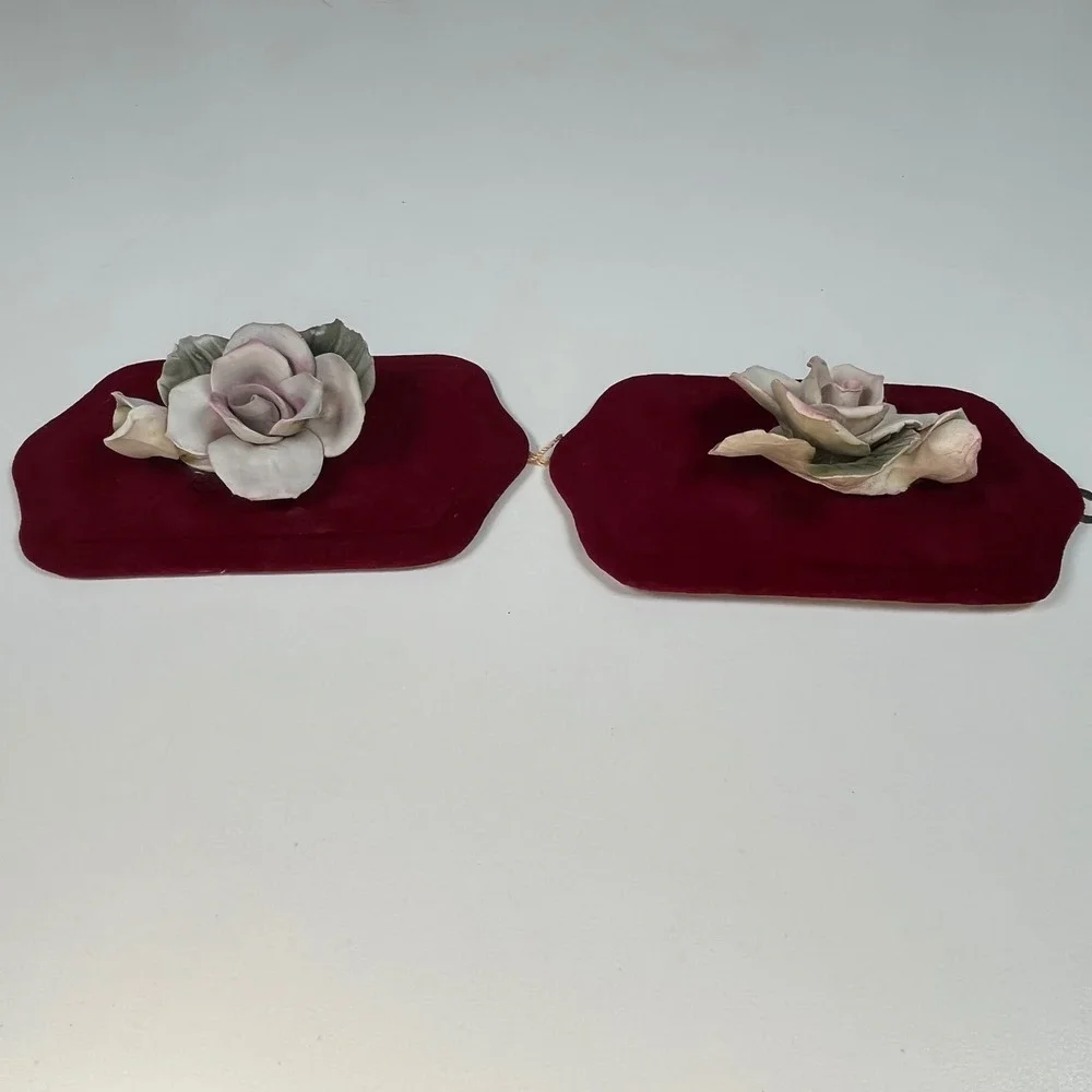 Vintage Ceramic Rose Wall Plaques Burgundy Velvet Italy Floral Pair 7 in x 4 in